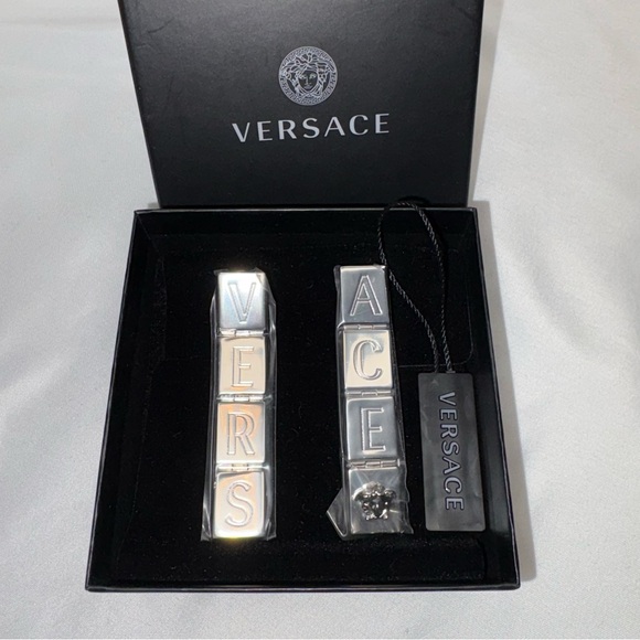 Versace x Dua Lipa Logo Letter Drop Earrings Silver Blocks Medusa NIB $925retail - Picture 4 of 8